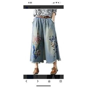 3 & D Fashion Denim Wide leg Jeans stretchy Waist Butterflies Parrots Flowers Lg